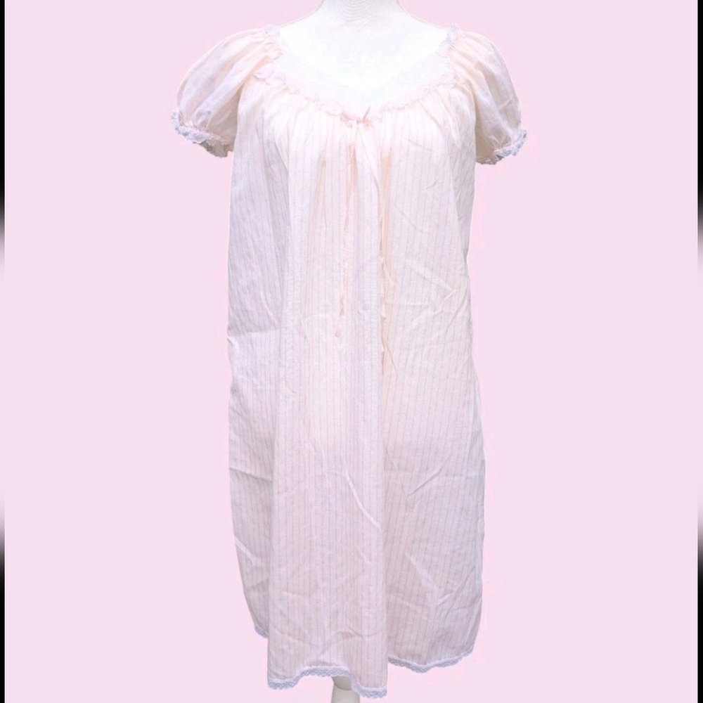 Vintage 80s Miss Elaine Nightgown Pink Stripe Lace Union Made USA Puff Sleeve S